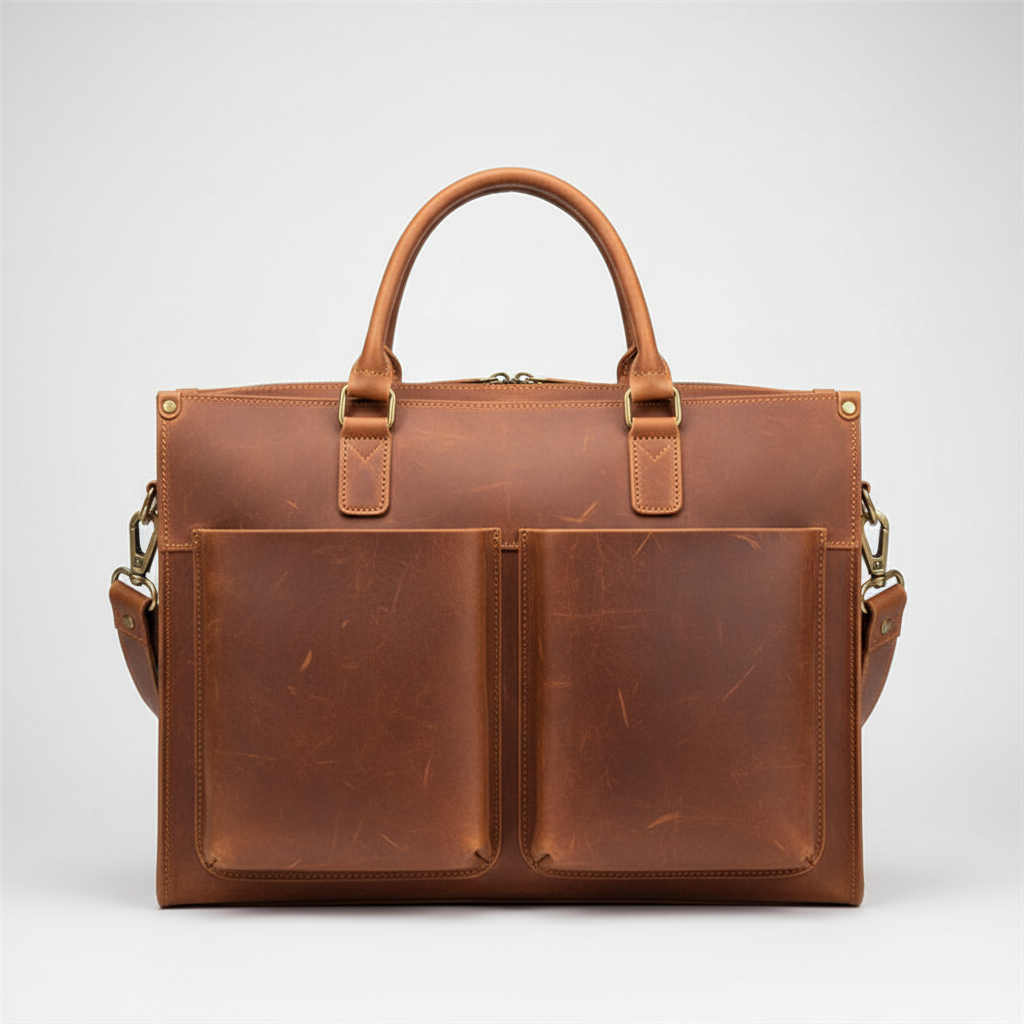Elegant läderportfölj för herr, en praktisk laptoptväska med robust design. Perfekt för dokument och dator.