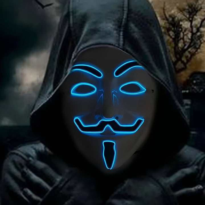 Glödande LED-mask för Halloween, anonym design för fest och cosplay.