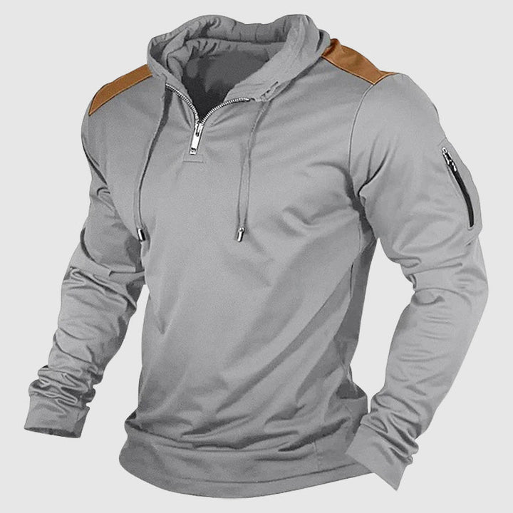 Mångsidig herrhoodie med dragkedja. Bekväm för vardagsstil, vårkläder och sportig streetwear.