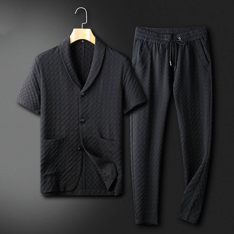 Herr modern geometrisk tvådelad dräkt för stilfull elegans. Elegant kostym med unikt mönster, perfekt för mode.