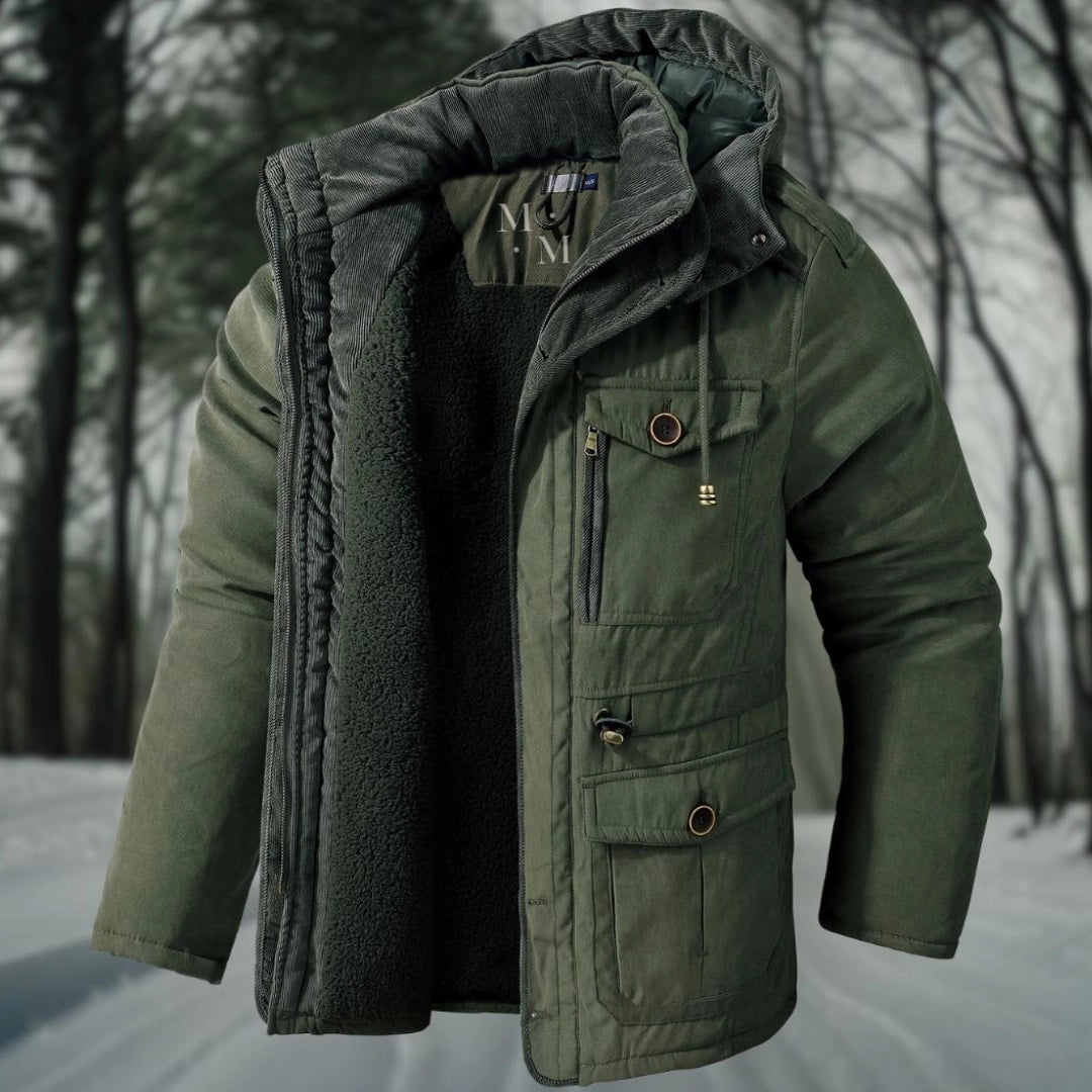 Varm, isolerad herrparkas i modern design med sherpa-foder. Idealisk vinterjacka för kallt väder.