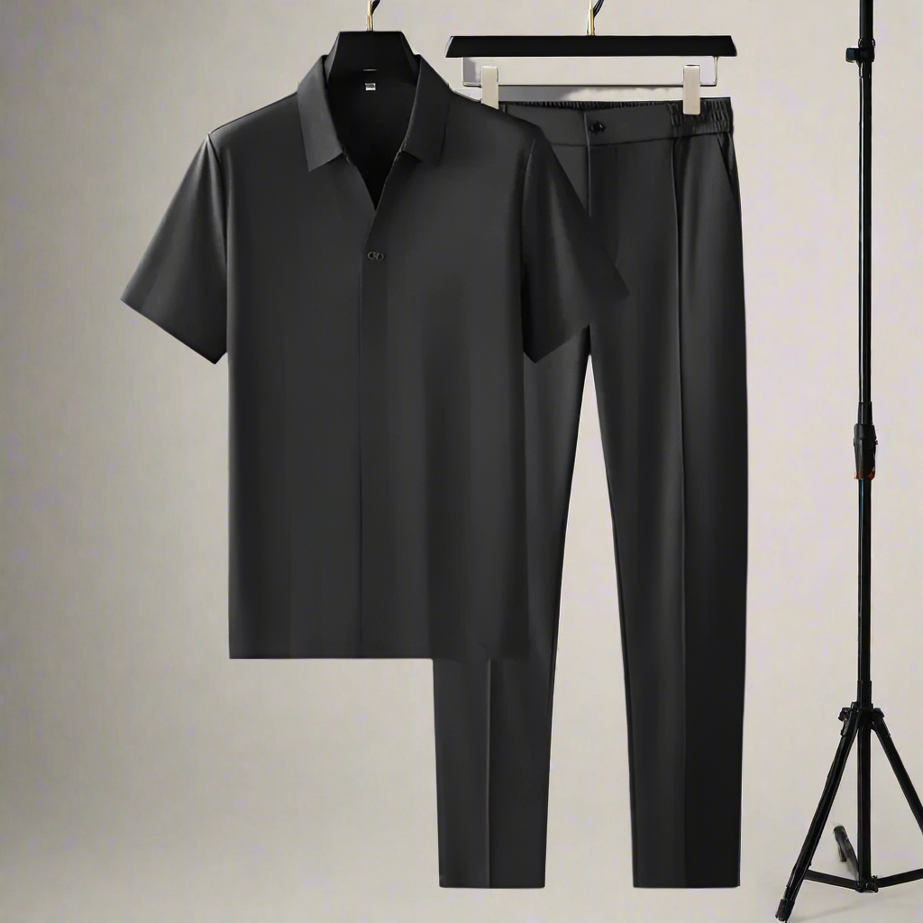 Smart casual herrset: polo och byxor. Erbjuder bekväm, avslappnad passform för alla tillfällen.
