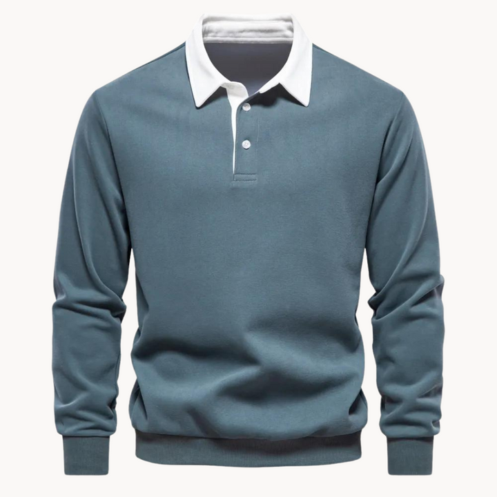 Bekväm herrpolo sweatshirt, perfekt för avslappnat vardagsmode. Retroinspirerad stil.