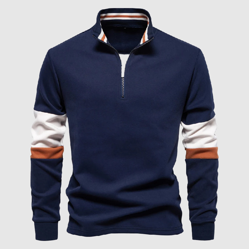 Modern Herr Pullover i patchwork-design med hög krage. Perfekt för lager på lager & höstmode.