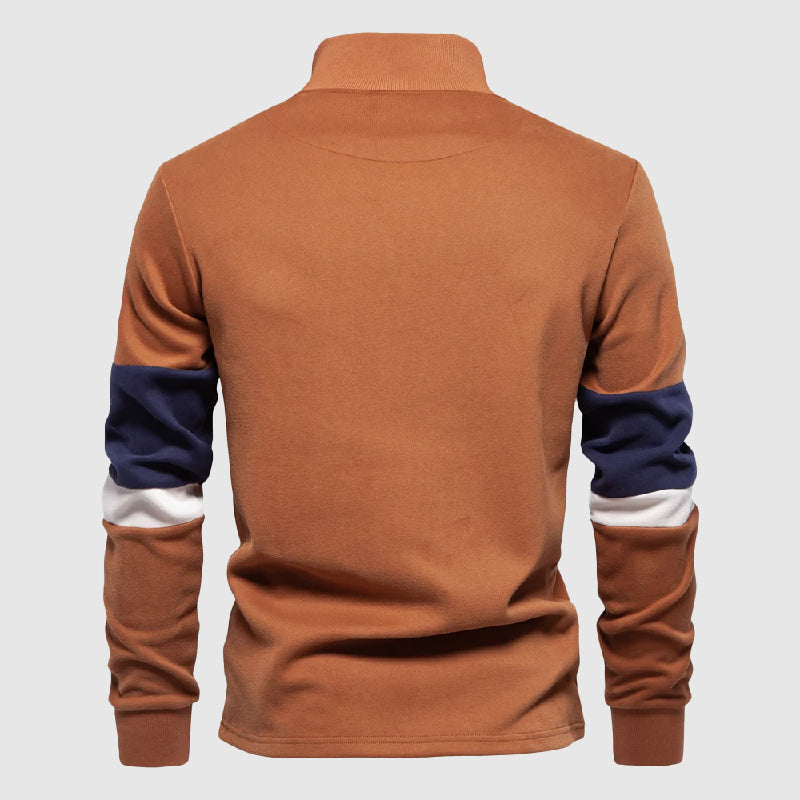Stilren Herr Pullover Patchwork med hög krage. Modern kvartsdragkedja för en bekväm & avslappnad look.