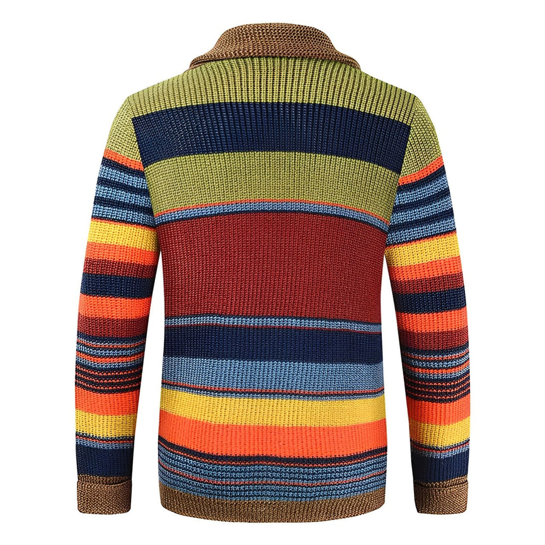 Mäns retro cardigan med färgblock, knappar och elegant sjalkrage, ideal för lager på lager.