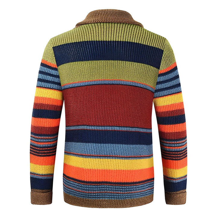 Mäns retro cardigan med färgblock, knappar och elegant sjalkrage, ideal för lager på lager.
