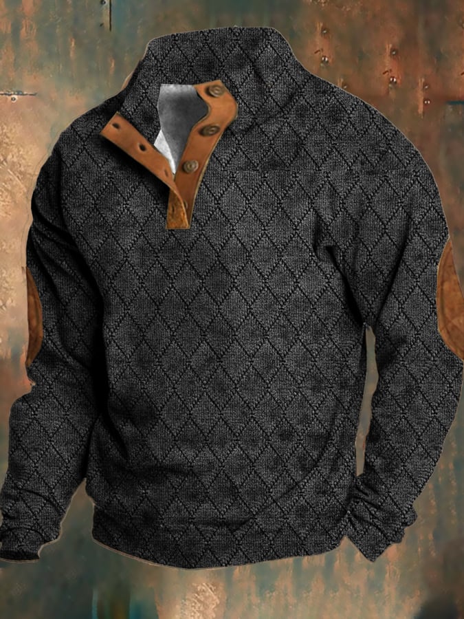 Herr retro fleece tröja i svart med unikt tryck, perfekt för vardagsbruk och höstmode. Komfortabel pullover.