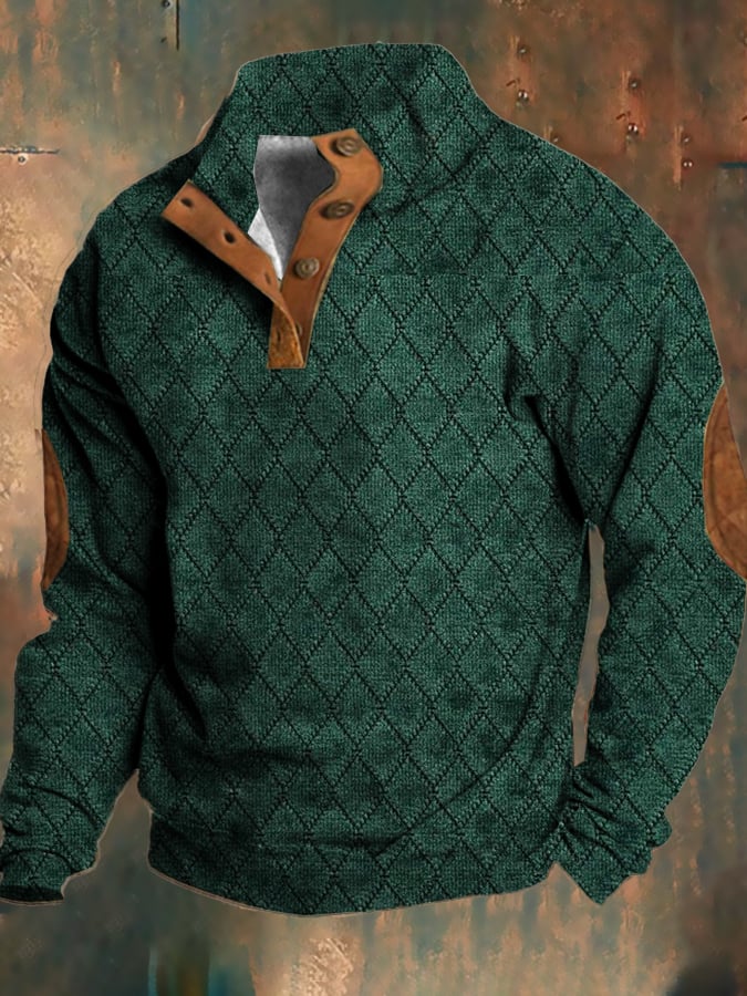 Stilfull herr fleece tröja i kaki, retro design. Idealisk som lagerplagg för höst- och vårmode.