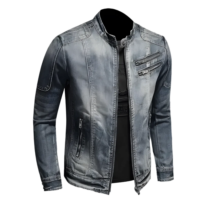 Herr retro jeansjacka i tidlös bikerstil för casual vår- och höstmode. Maskintvättbar denimjacka.