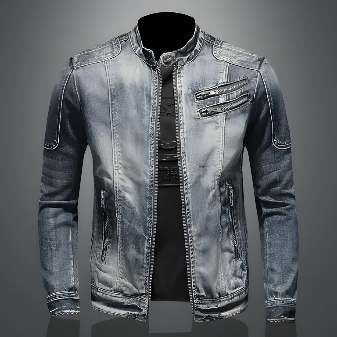 Manlig retro jeansjacka med klassisk krage och knappar, perfekt för en snygg casual bikerlook. Tidlös design.