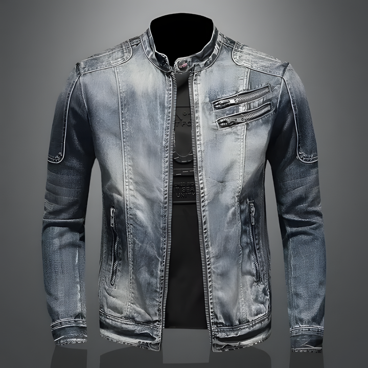 Manlig retro jeansjacka med klassisk krage och knappar, perfekt för en snygg casual bikerlook. Tidlös design.