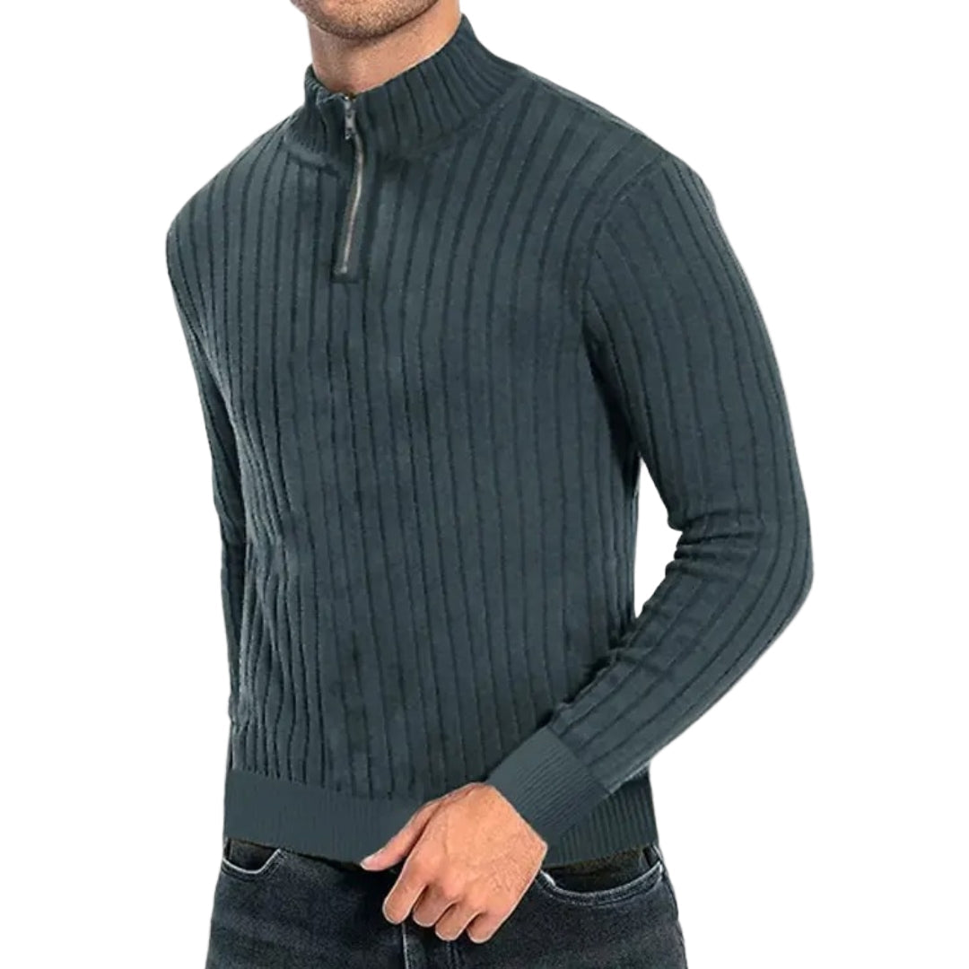 Herr ribbad halvdraget jumper. Stickad tröja för elegant vardagsstil. Mångsidiga herrkläder.