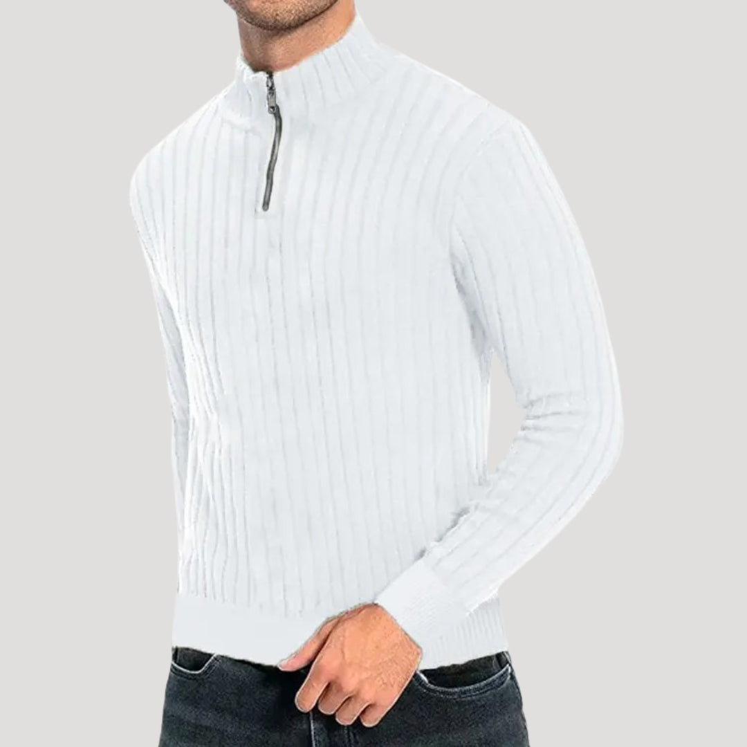 Klassisk herr ribbad halvdraget jumper i tidlös färg. Bekväm stickad tröja för varje man.