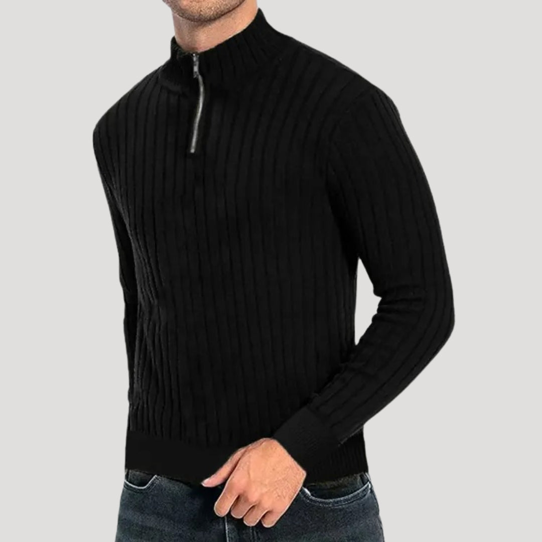 Herrjumper med ribbad design och halvdraget. Mjuk och bekväm stickad tröja för vardagsbruk.
