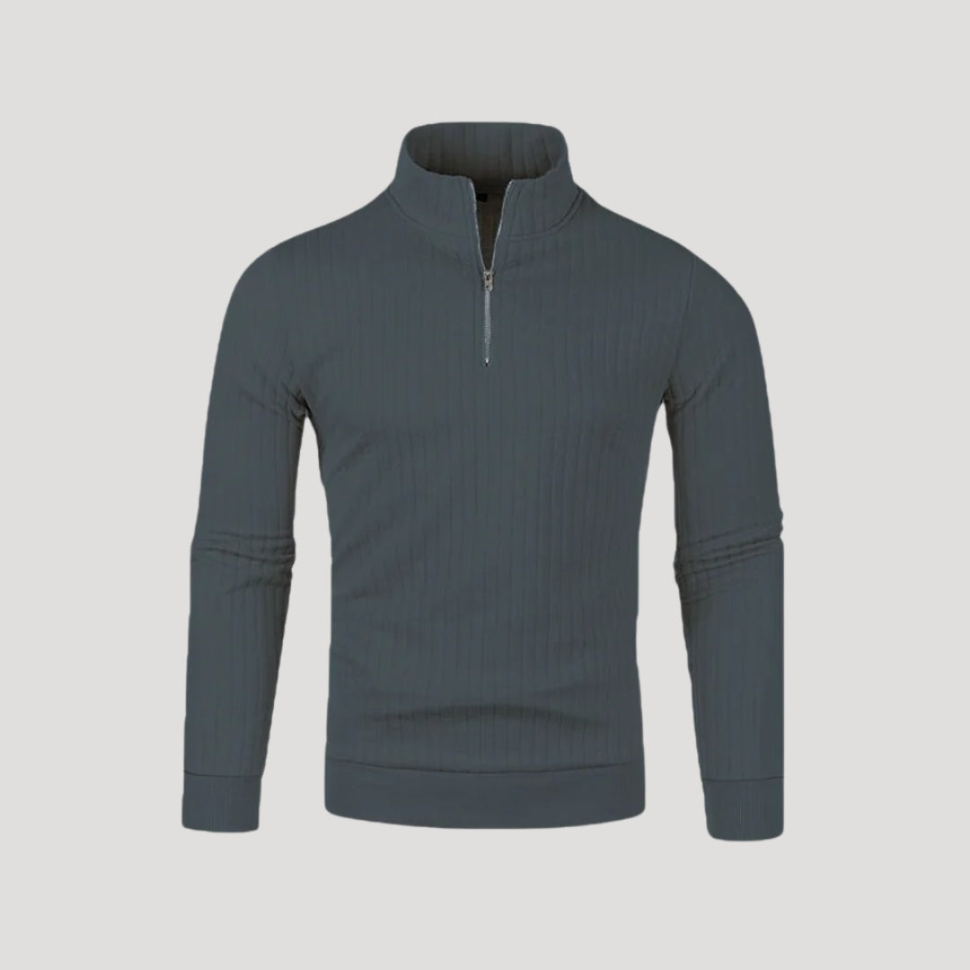 Elegant herr ribbad halvdraget jumper. Hög komfort och modern design i denna stickade tröja.