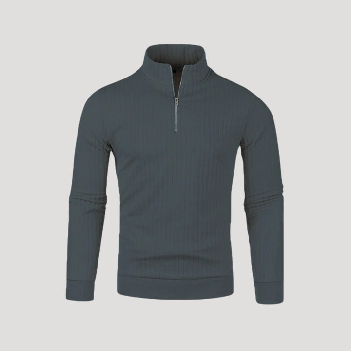 Elegant herr ribbad halvdraget jumper. Hög komfort och modern design i denna stickade tröja.