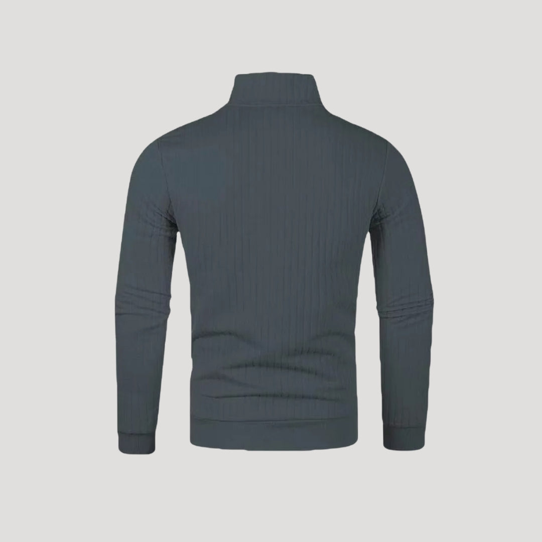 Vikt herr ribbad halvdraget jumper, redo för användning. Kvalitativ stickad herrtröja.