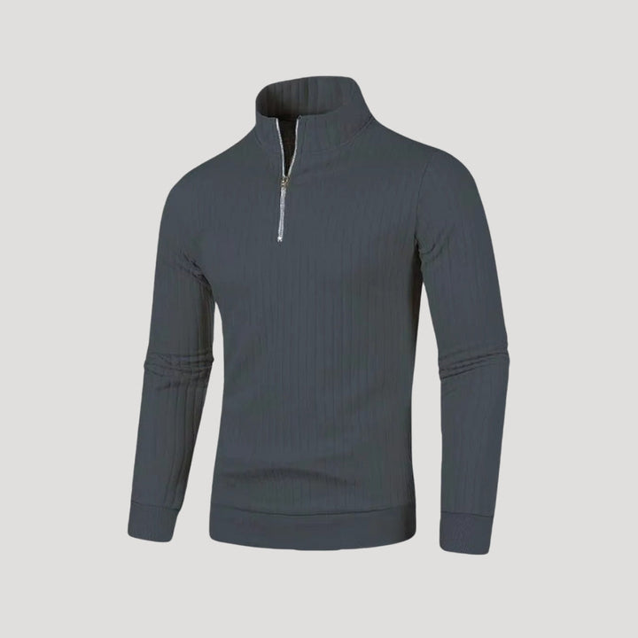 Stilren herr ribbad halvdraget jumper med fokus på passform. Vardagsstil herrkläder.