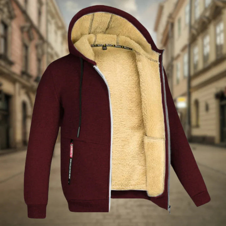 Framsida av sherpafodrad herr huvjacka. Varm & bekväm vinterjacka i casual design, utmärkt ytterplagg.