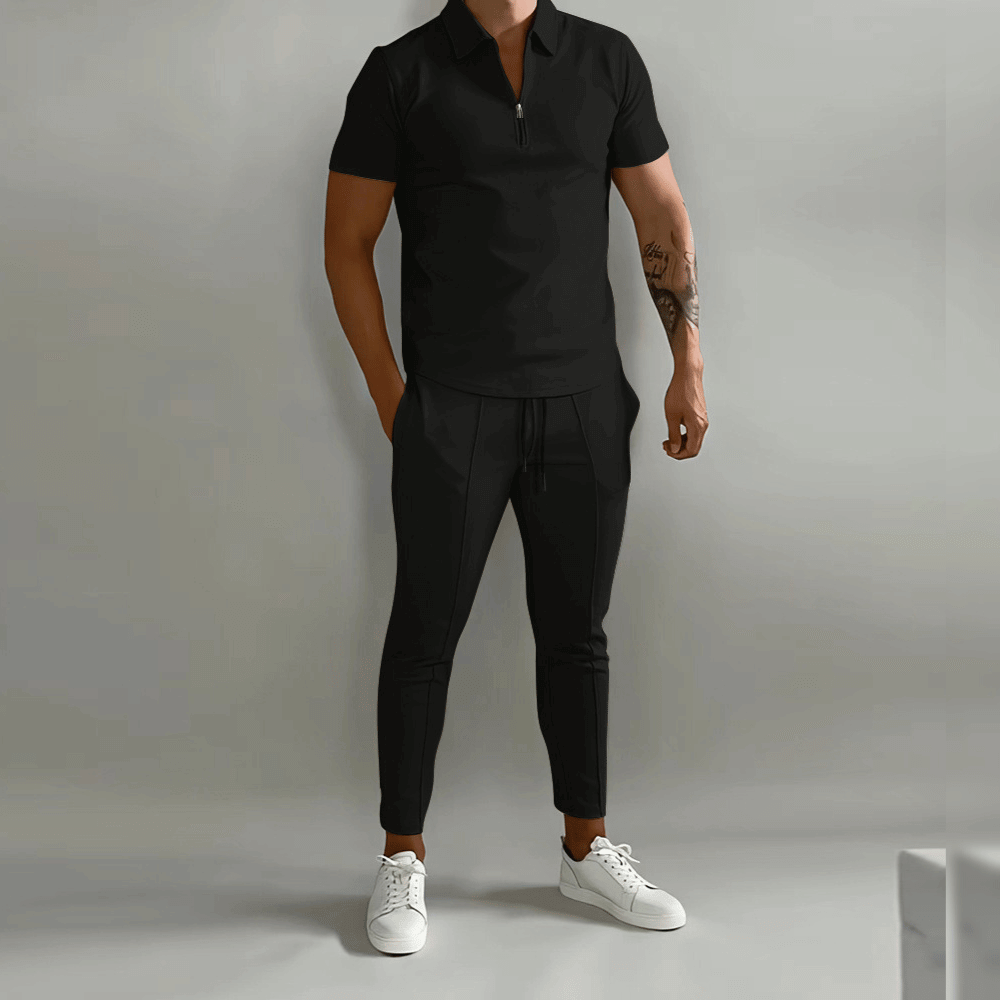 Herr slim fit sportkläder i modern stil. Joggingdräkt med halv dragkedja för träning, fritid och vardag.