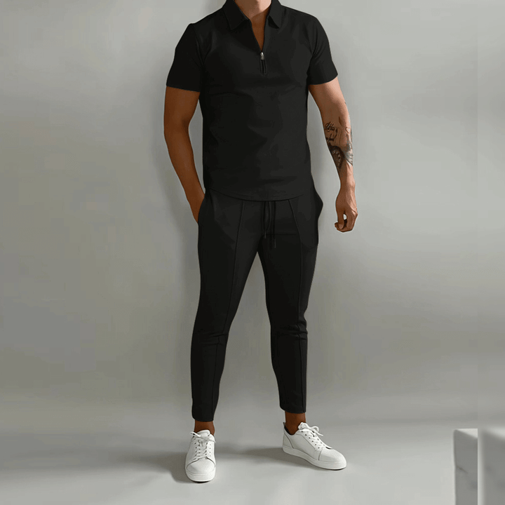 Herr slim fit sportkläder i modern stil. Joggingdräkt med halv dragkedja för träning, fritid och vardag.
