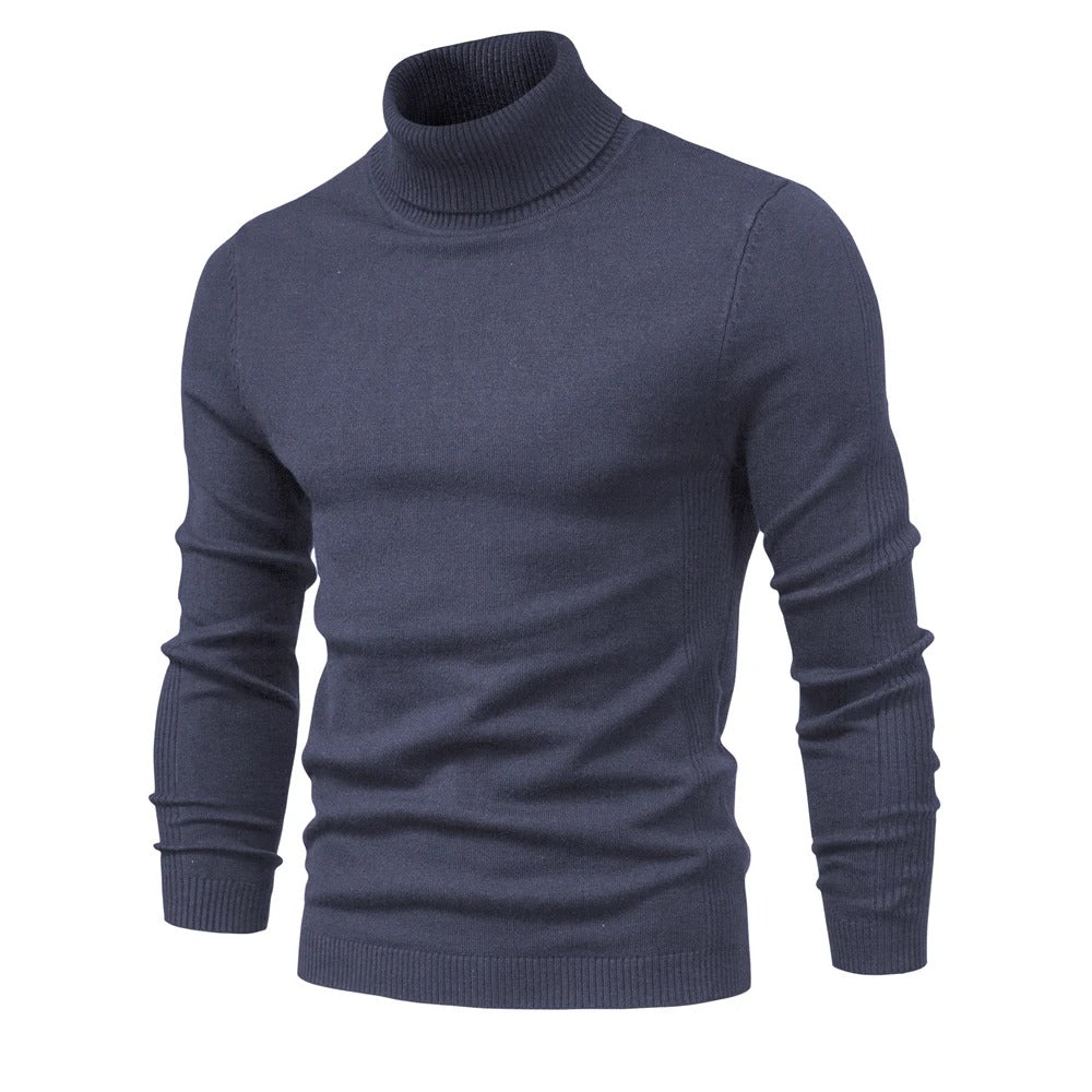 Herr slim fit polotröja i mörkblått, elegant och varm stickad tröja för höstmode.