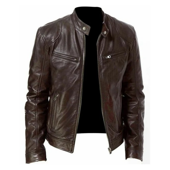 Stilren herr slim-fit motorcykeljacka i PU-läder med hög krage, snygg passform.