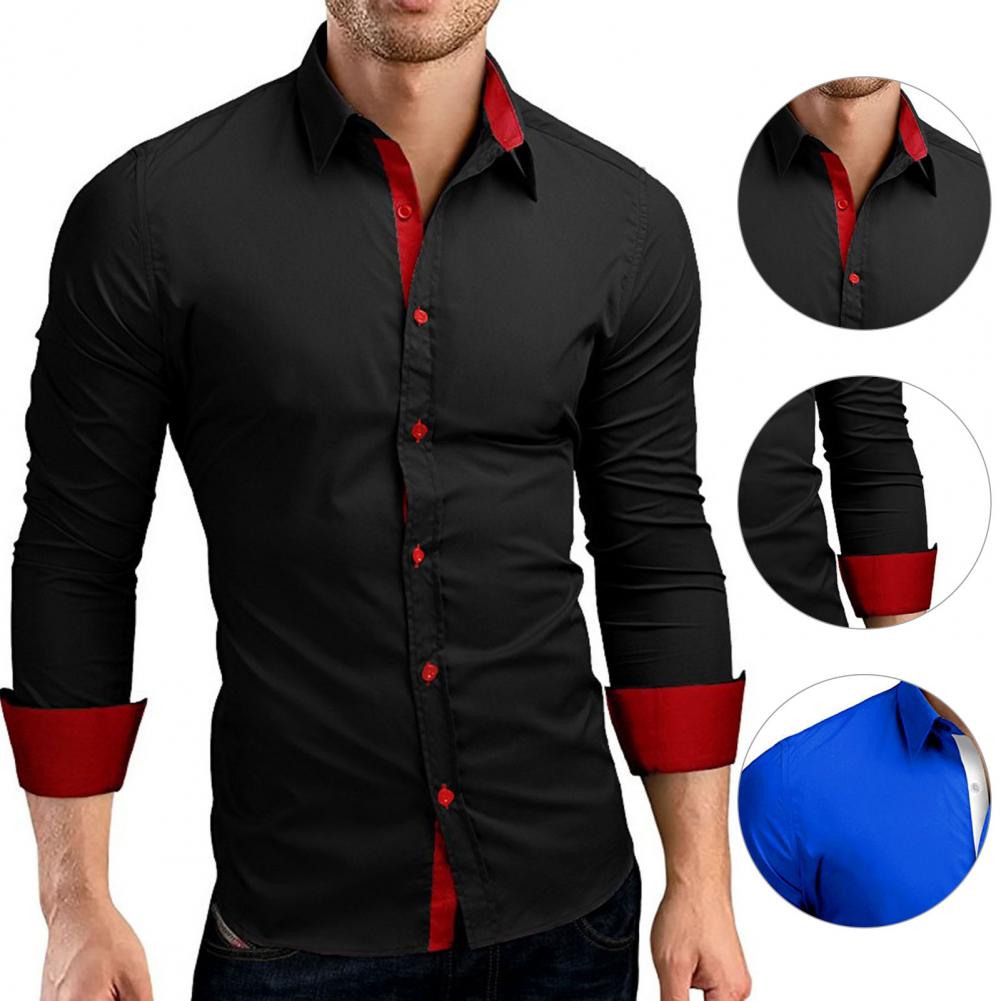 Närbild av manschettknapp på marinblå slim fit långärmad herrskjorta, formellt mode.