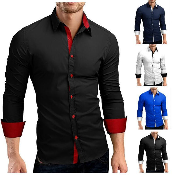 Ett urval av färgade slim fit herrskjortor med lång ärm i polyester, herrkläder.