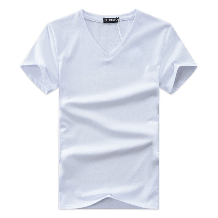 Sidovy av en kortärmad herr t-shirt, v-ringad slim fit i klassisk design, perfekt för vardagsmode.