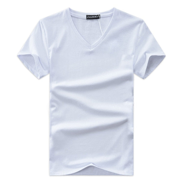 Sidovy av en kortärmad herr t-shirt, v-ringad slim fit i klassisk design, perfekt för vardagsmode.