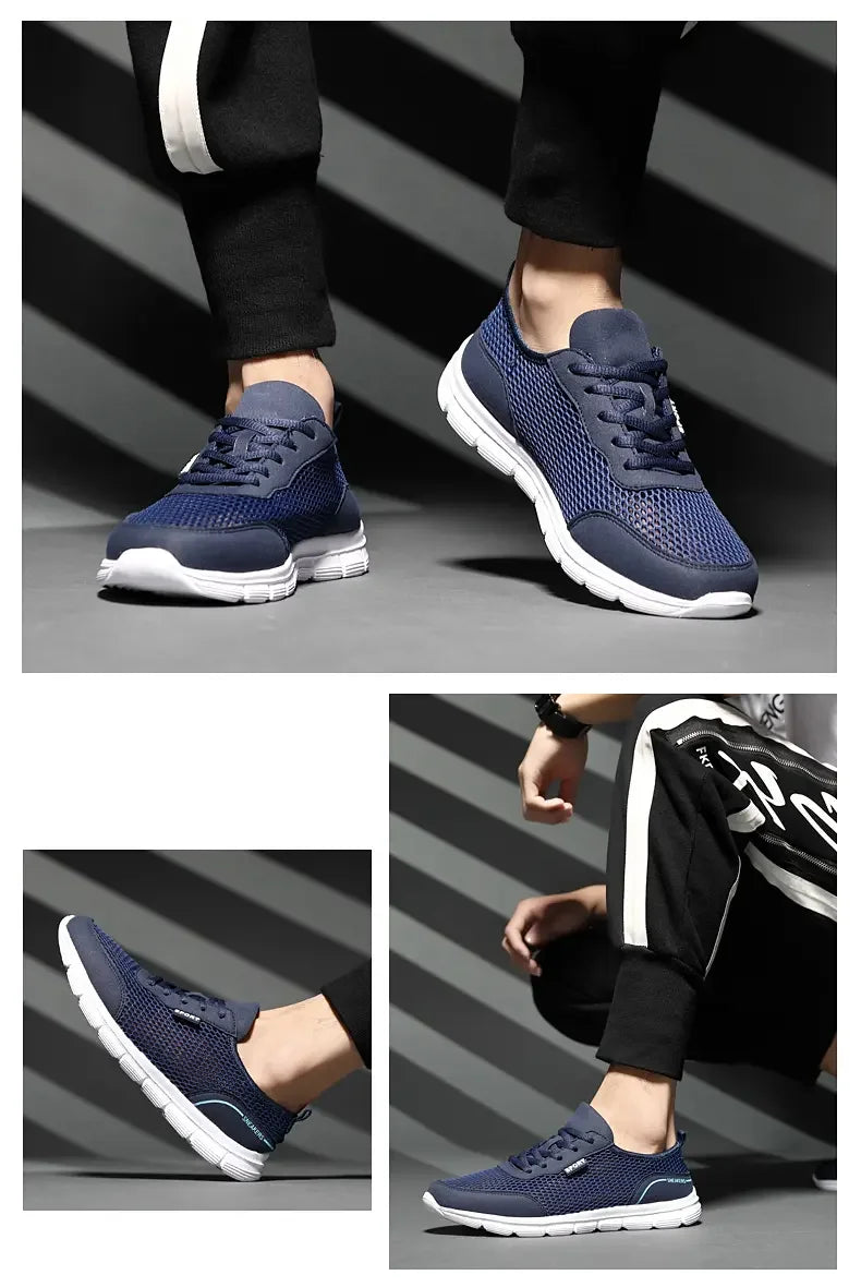 Mångsidiga herr sneakers. Funktionella löparskor och bekväma fritidsskor för en aktiv sommar.