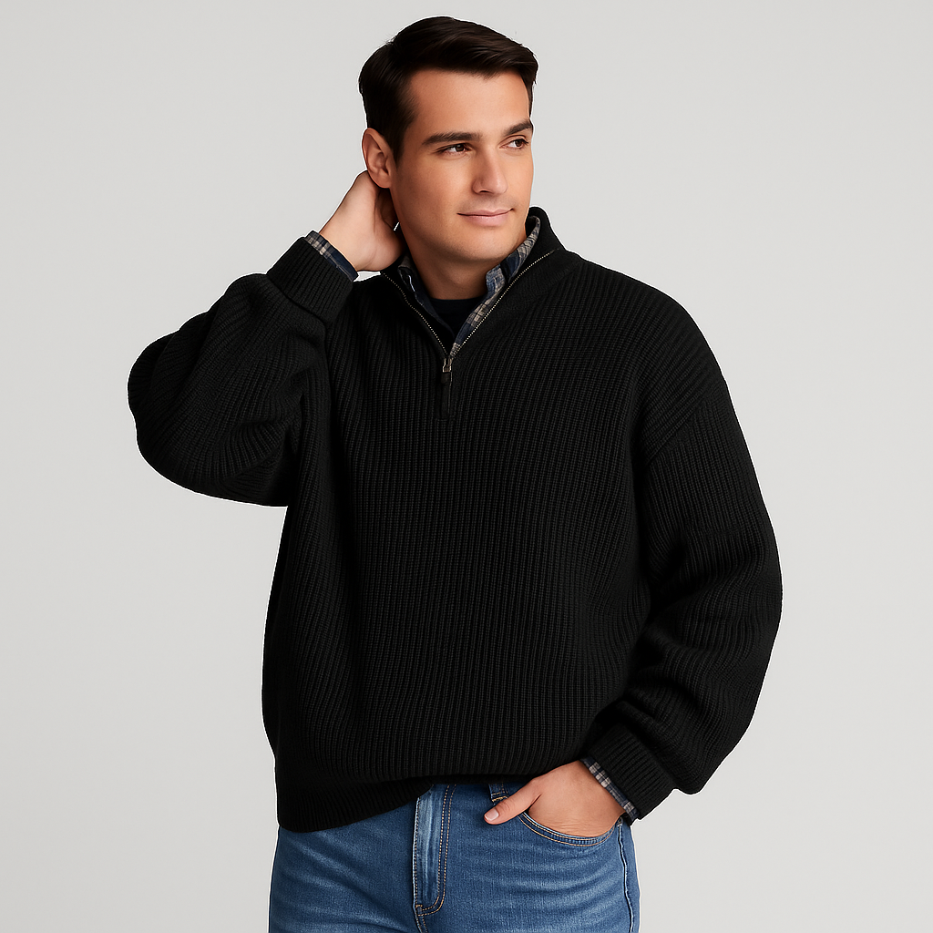 Mångsidig herr pullover med halvdragkedja. Bekväm stickad tröja för vardagsmode och fritid.