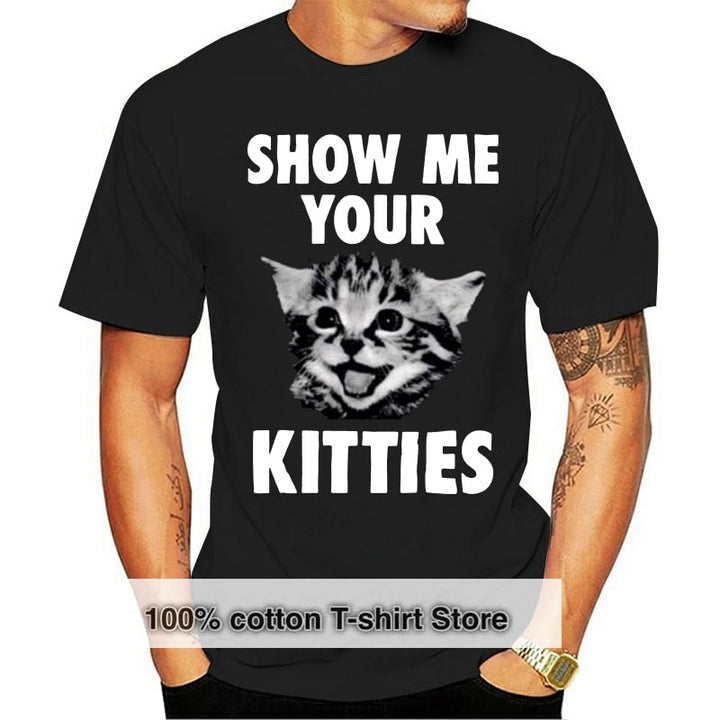 Herr T-shirt "Visa mig dina kattungar", rolig katttröja i bomull för kattälskare. Perfekt presentidé.