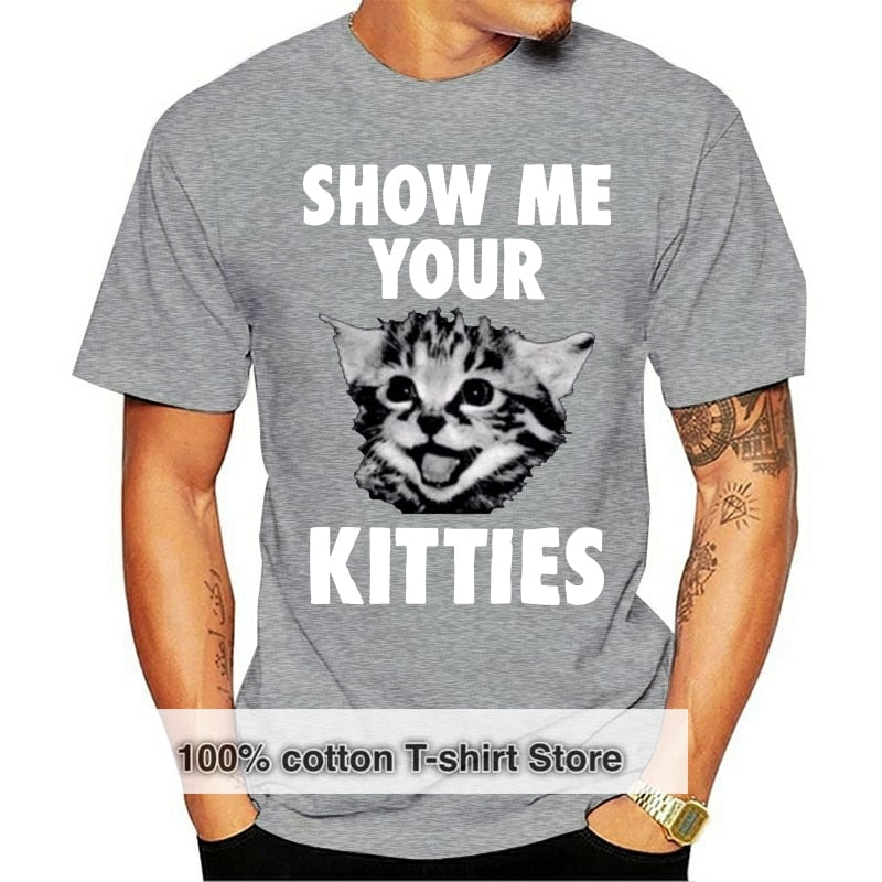 Vit herr t-shirt "Visa mig dina kattungar", visar din kärlek till katter med humor. Kvalitativ bomull.