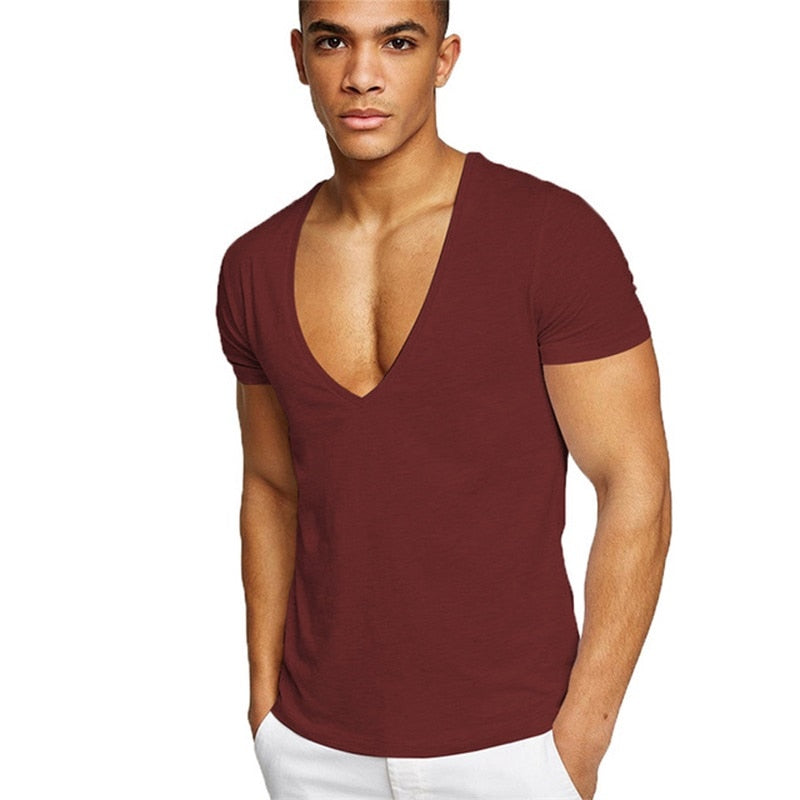 Stilren herr t-shirt, V-hals, kortärmad. Slim fit för en modern vardagslook.