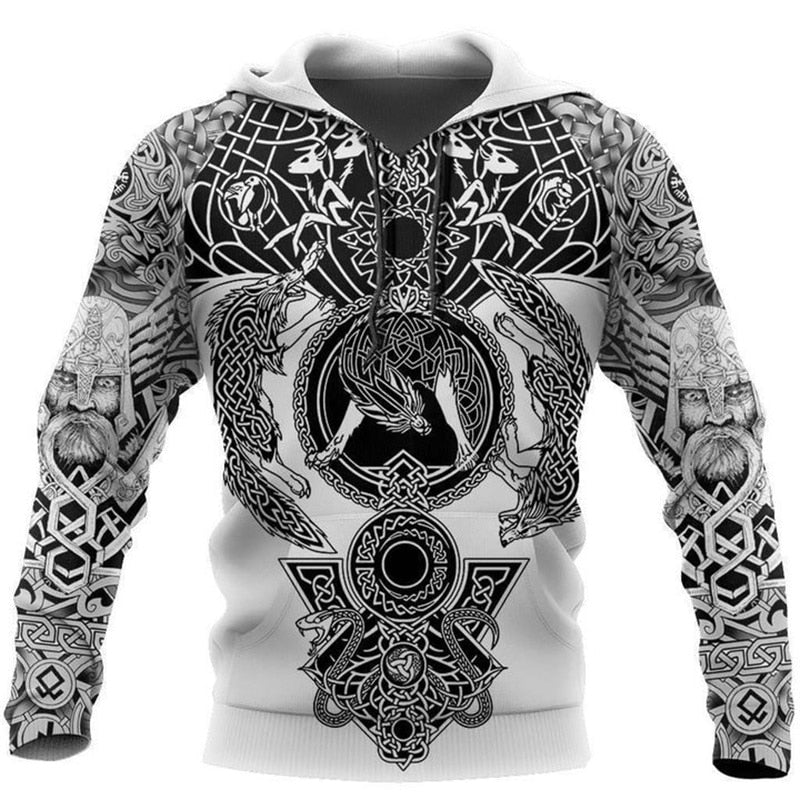 Grå herr huvtröja med unikt Viking Patrone tryck, perfekt för män som gillar vikinga-mode.