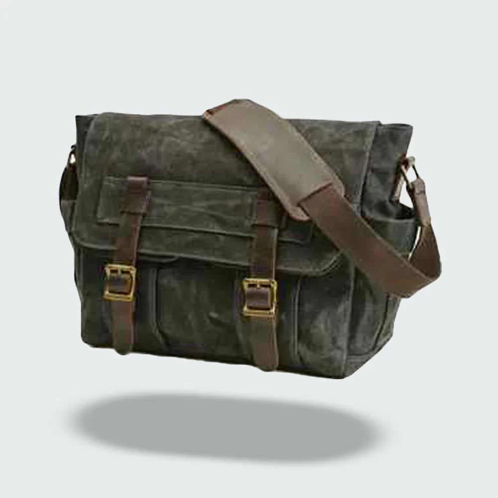 Organiserad retro budväska för herr med fack för laptop & tillbehör i slitstark canvas.