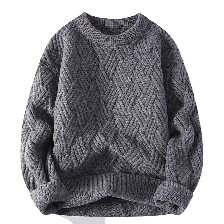 Herr vintage tröja, svart, rund hals, stickad, retro stil. Perfekt för avslappnad vintermode.