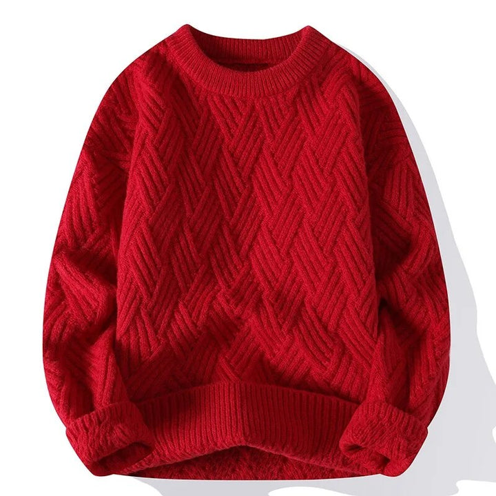Avslappnad herr vintage tröja med rund hals. Bekväm stickad design för retro stil och vardagsbruk.