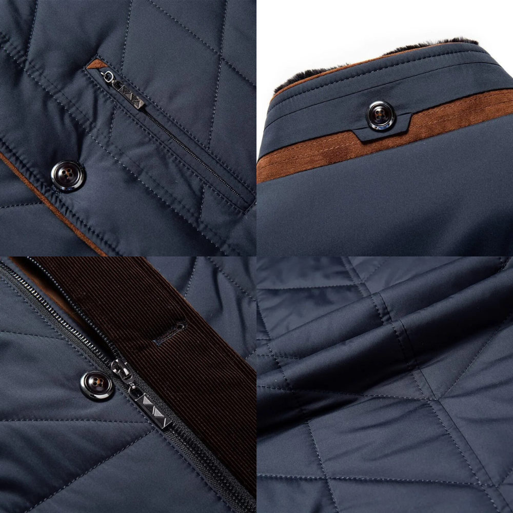 Närbild av fickan på en grå casual herrjacka, med robust dragkedja.