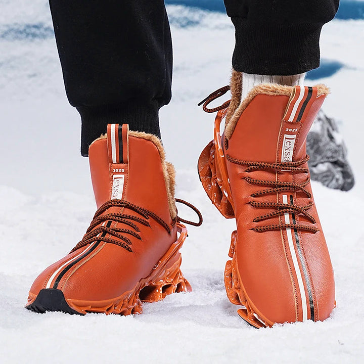 Vintermode för herr: Höga sneakers i svart och orange. Bekväma utomhusskor med sportig design.