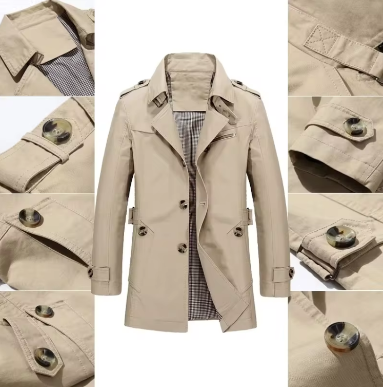Elegant herr trenchcoat, khaki, med bälte. Stilren jacka för mode & funktion. Höstjacka.