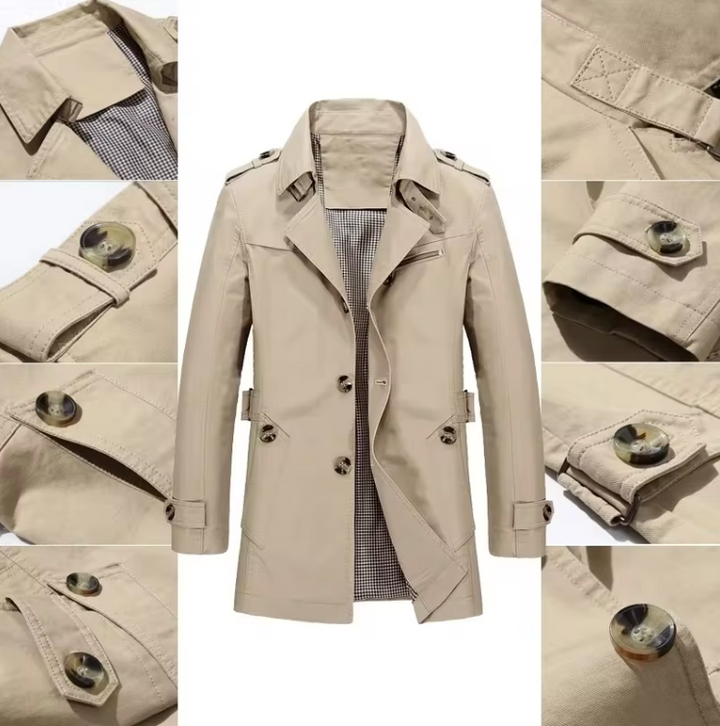 Elegant herr trenchcoat, khaki, med bälte. Stilren jacka för mode & funktion. Höstjacka.