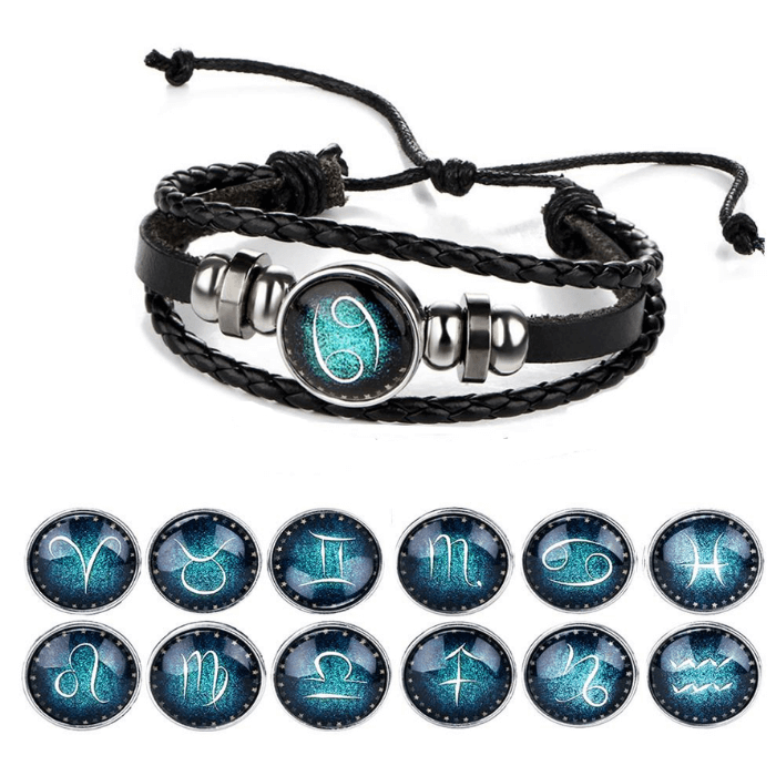 Trendigt herrarmband i konstläder med zodiaktema, en personlig present. Modearmband.