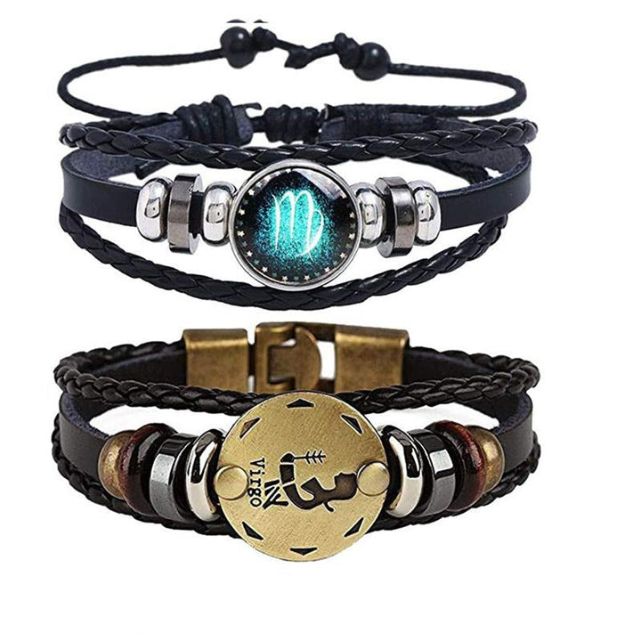 Herr Zodiac Armband i bruntonat konstläder, en personlig present med stjärntecken design. Modearmband.