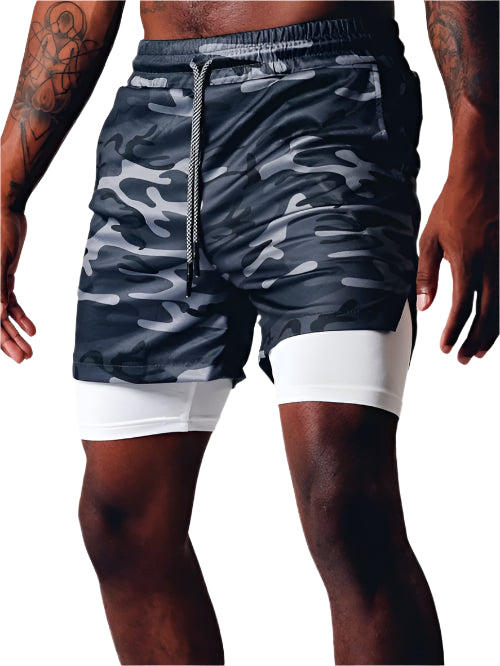 Herrar 2-i-1 sportshorts för träning, fuktdränerande och flexibla. Perfekta för gym och utomhusaktiviteter.