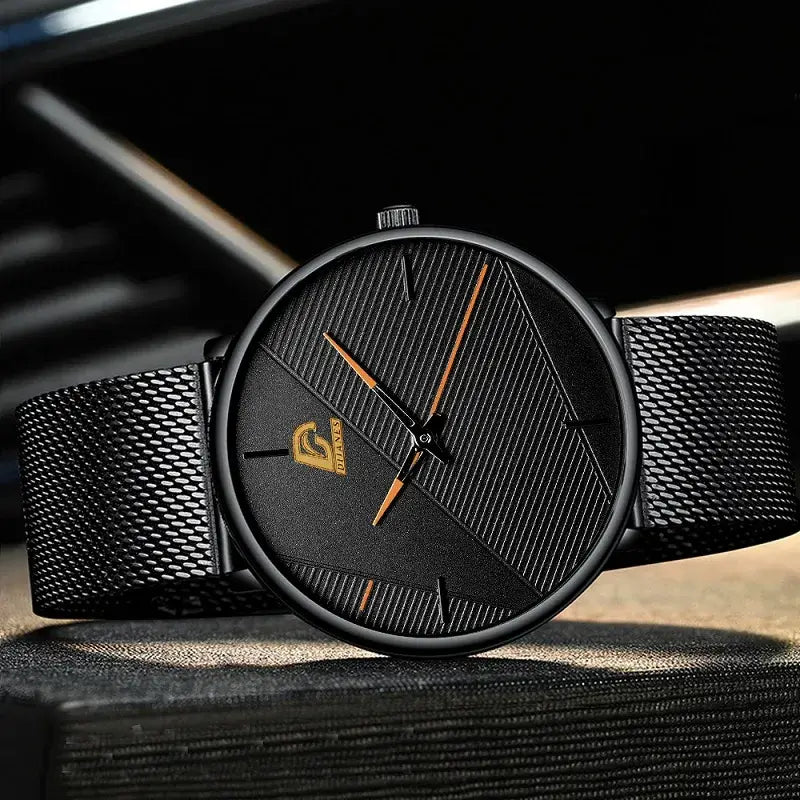 Minimalistisk kvartsklocka för herr, svart PU-läderarmband och svart urtavla, modern design.