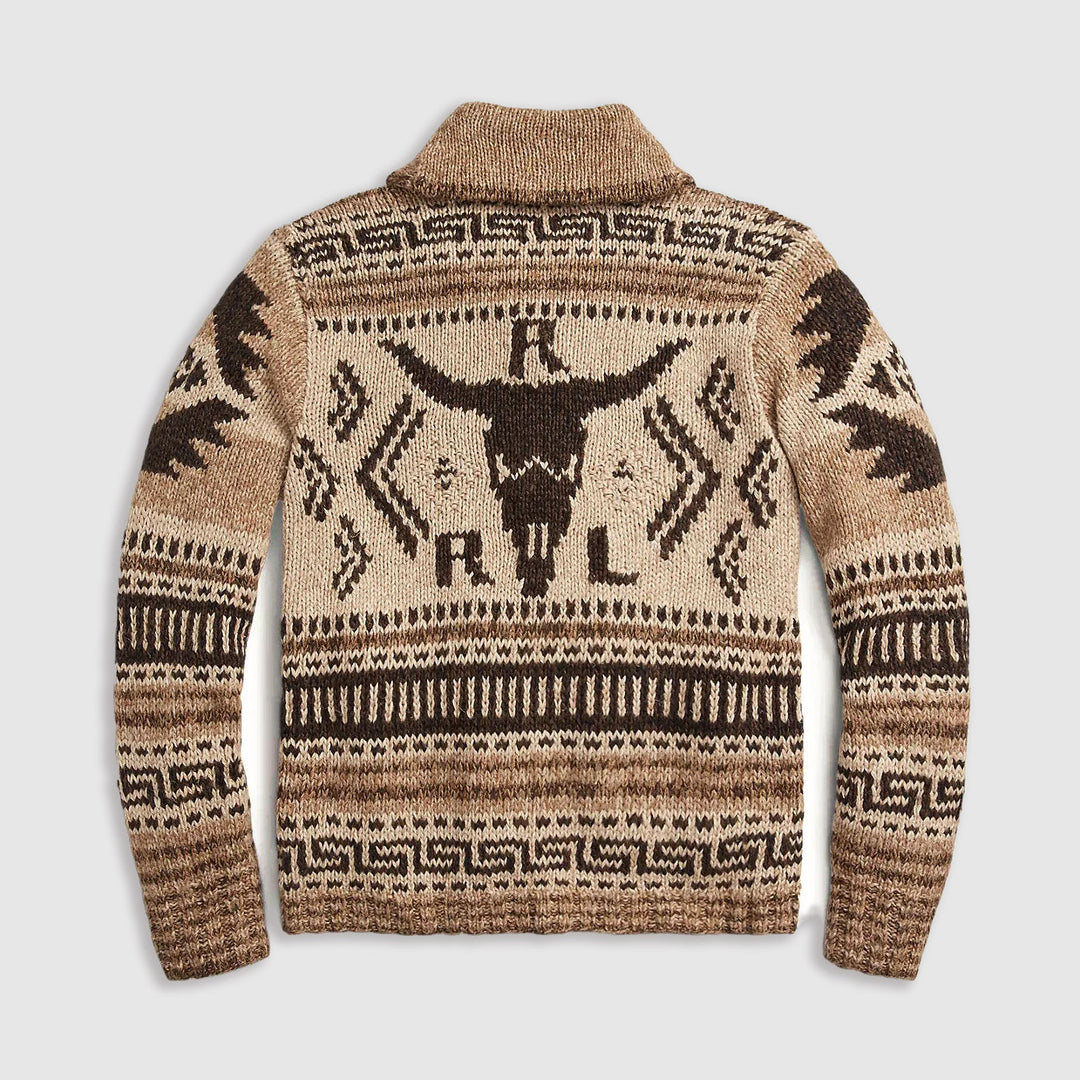 Bekväm och tidlös aztec mönstrad herrkofta i stickad design, idealisk för casual höstmode.